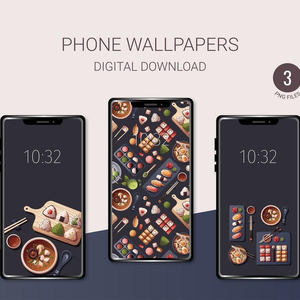 Sushi time Phone Wallpapers | Set of 3 Phone Backgrounds | Instant Download | Digital illustrations | japanese food, miso soup, ramen