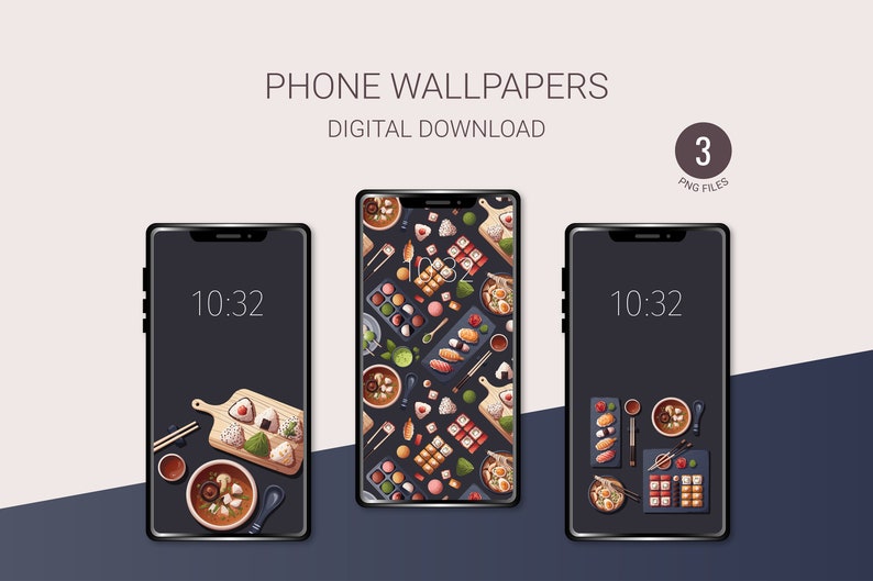 Japanese Food Phone Wallpaper: Sushi, Ramen, Miso (Set of 3) (Digital Download) image 1