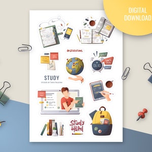 Study sticker sheet. Stickers sor school. Studying. Printable Stickers for Bullet journal, planner. Digital Stickers. Stationery Stickers.