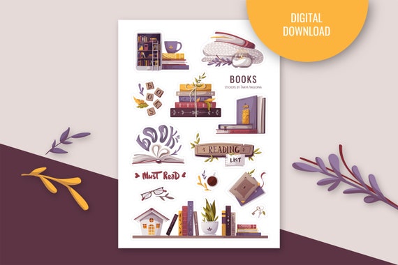 books stickers printable stickers reading clipart digital etsy