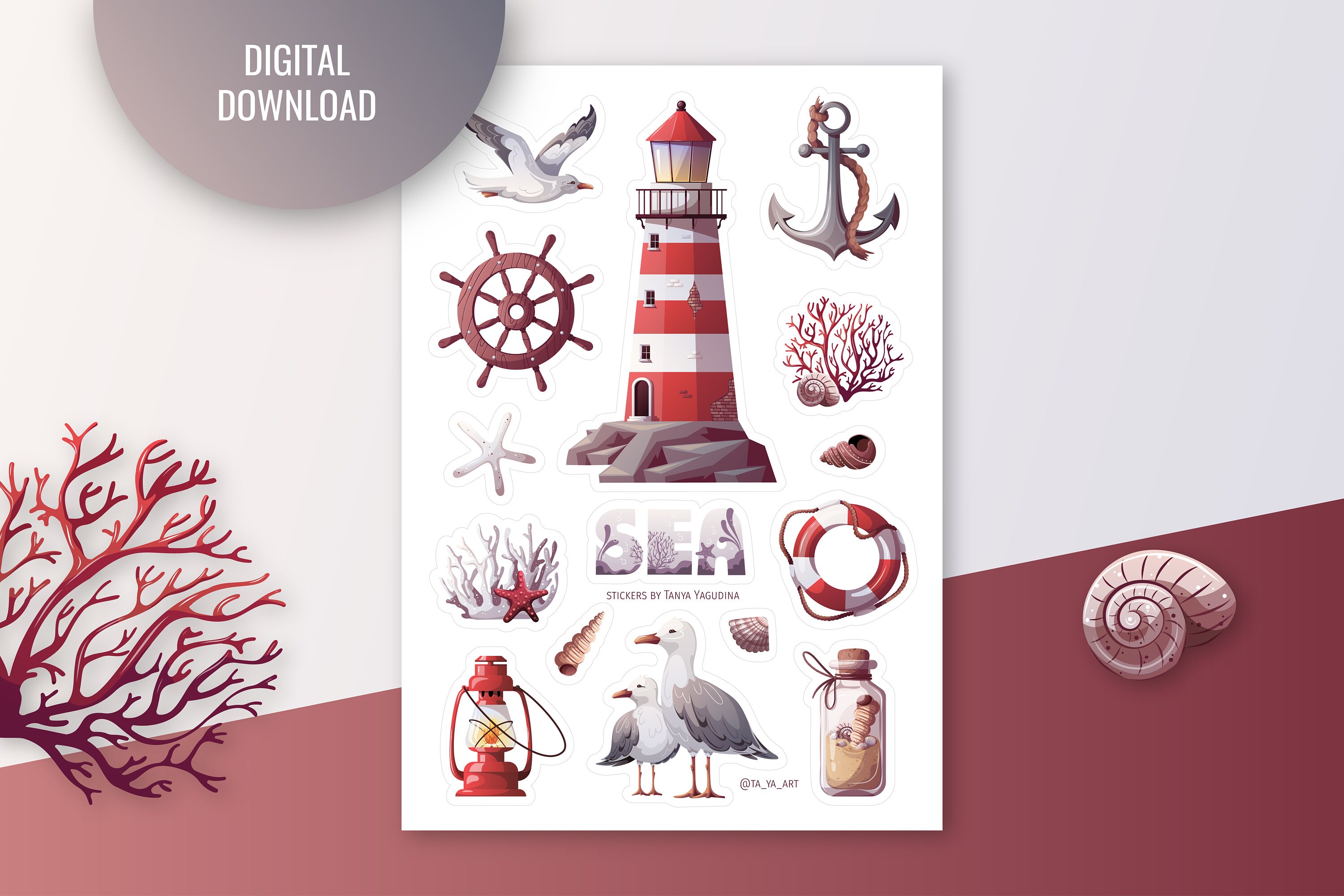 Nautische Sticker: Leuchtturm, Möwe, Anker (Digital Stickers)