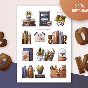 Bücherregal Stickerbogen | Druckbare Aufkleber. Lesen Clipart. Digitale Aufkleber. Bullet Journal, Planer Design. Bücher, Lektüre, Buchladen.