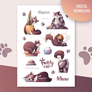 Feuille d'autocollants chat drôle | Bullet journal, planificateur numérique. Autocollants imprimables. Kitty, autocollants pour animaux de compagnie. Autocollants Goodnotes.