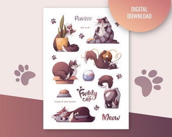 Grappige katten stickervel | Bulletjournaal, digitale planner. Afdrukbare stickers. Kitty, huisdierenstickers. Goodnotes-stickers.