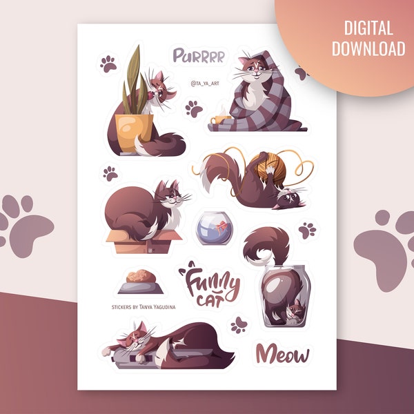 Grappige katten stickervel | Bulletjournaal, digitale planner. Afdrukbare stickers. Kitty, huisdierenstickers. Goodnotes-stickers.