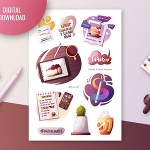 May include: Digital download sticker sheet featuring illustrations of a tablet with cheesecake, a to-do list, a phone, and a coffee cup. The sheet also includes stickers with the words "Thanks" and "What Should I Draw Now?"