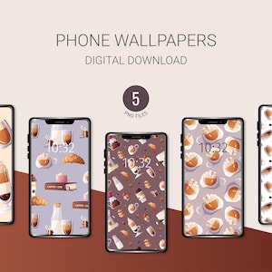 Fondos de pantalla del teléfono a la hora del café / Conjunto de 5 fondos de teléfono / Descarga instantánea / Ilustraciones digitales