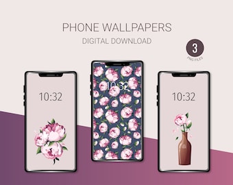 Peonies, flowers Phone Wallpapers | Set of 3 Phone Backgrounds | Instant Download | Digital illustrations