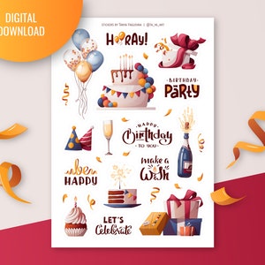 Feuille d’autocollants Joyeux anniversaire | Bullet journal, planificateur numérique. Autocollants imprimables. Autocollants de gâteau d’anniversaire. Autocollants Goodnotes. BDay Cadeaux.