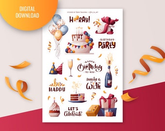 Happy Birthday Sticker Sheet: Cake, Balloons, Gifts (Digital Download)