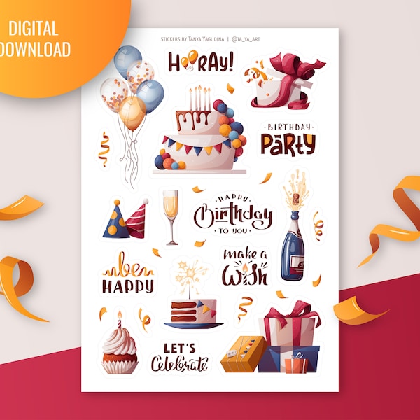 Happy Birthday sticker sheet | Bullet journal, digital planner. Printable Stickers. Birthday cake stickers. Goodnotes Stickers. BDay Gifts.