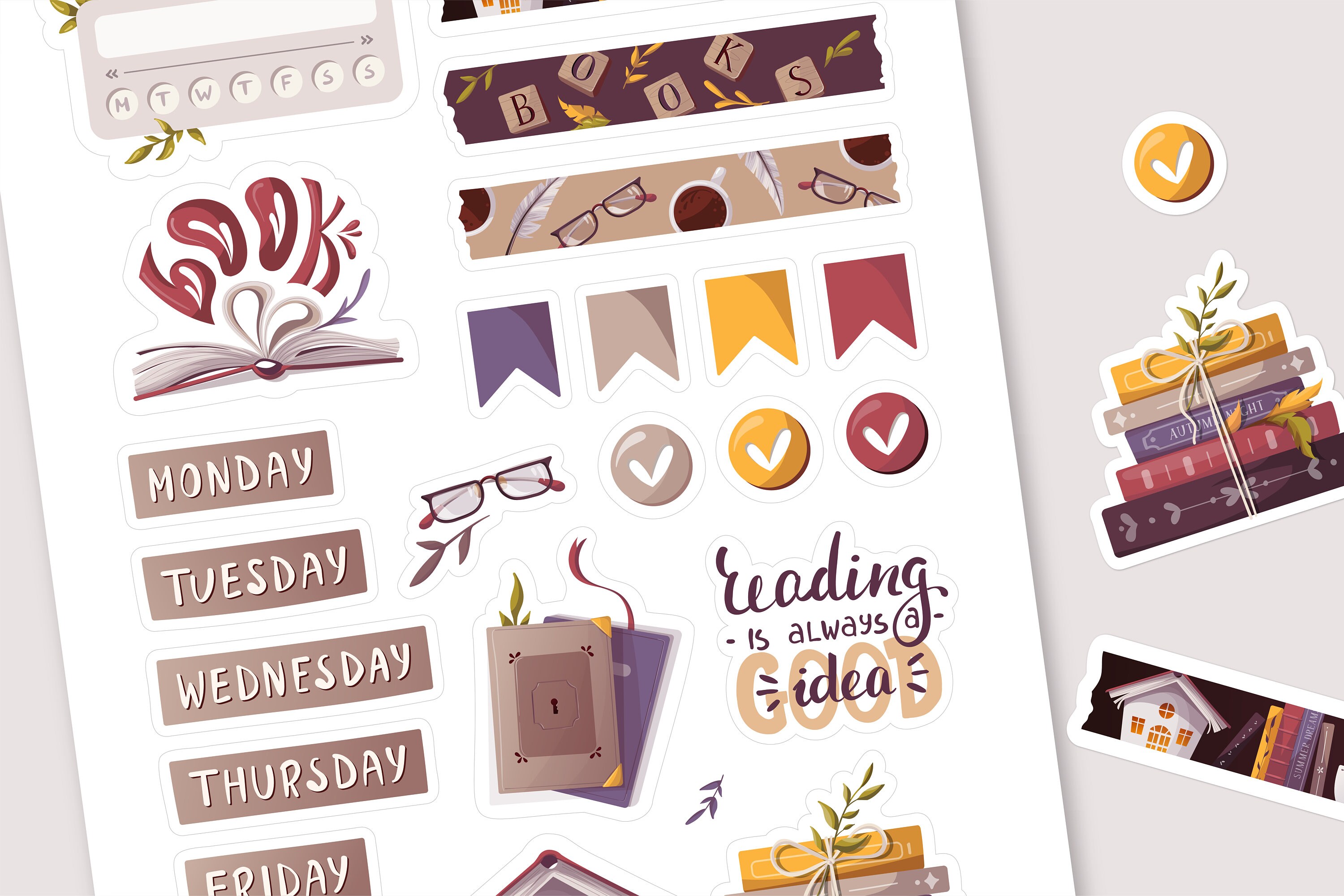Reading Weekly Sticker Sheet. Printable Planner Stickers for Bullet
