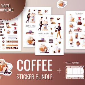 Coffee sticker bundle. Printable stickers for coffee lover. Coffee Weekly kit. Digital sticker pack. Coffee Planner. Bullet journal.