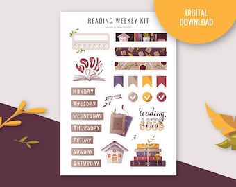 May include: A digital printable reading weekly kit with stickers featuring books, glasses, a house, a checkmark, and a quote that says "reading is always a good idea".