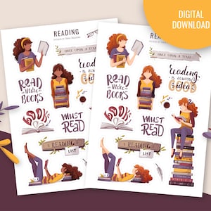 Lesende Frauen Aufkleber. Bücher Aufkleber. Druckbare Sticker. Digitale Sticker. Planer Sticker. Goodnotes Sticker. Leseschriftzug
