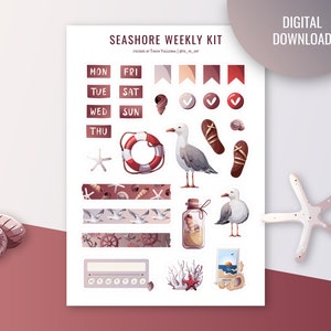 Foglio adesivo settimanale nautico. Seashore, marittimo, mare, gabbiani Kit settimanale. Adesivi stampabili. Bullet journal, adesivi planner.