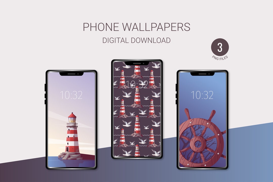 Lighthouse Phone Wallpapers: Nautical Illustrations, Set of 3 (digital ...