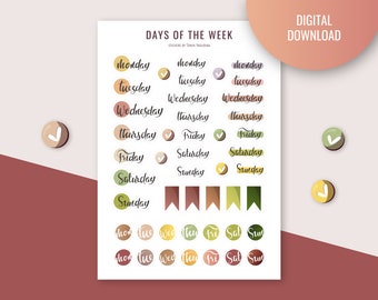 Days of the Week Planner Stickers, Bullet Journal (Digital Stickers)