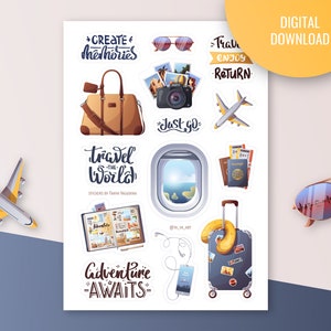 Reis de wereld stickervel | Bullet journal, digitale planner. Afdrukbare stickers. Vakantie, toerisme, avontuur Stickers.
