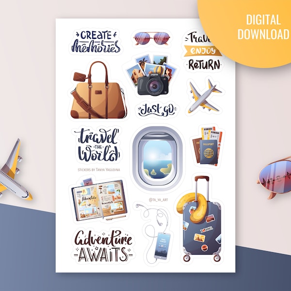 Travel the world sticker sheet | Bullet journal, digital planner. Printable Stickers. Vacation, tourism, adventure Stickers.