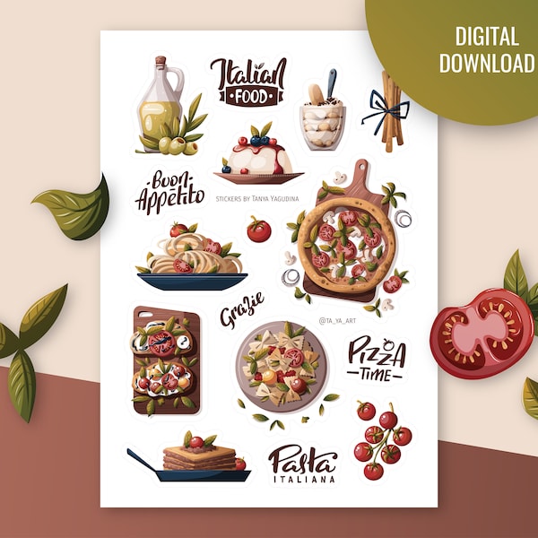 Italian food sticker sheet | Bullet journal, digital planner. Printable Stickers. Italian cuisine stickers. Pizza, pasta, lasagne, tiramisu.