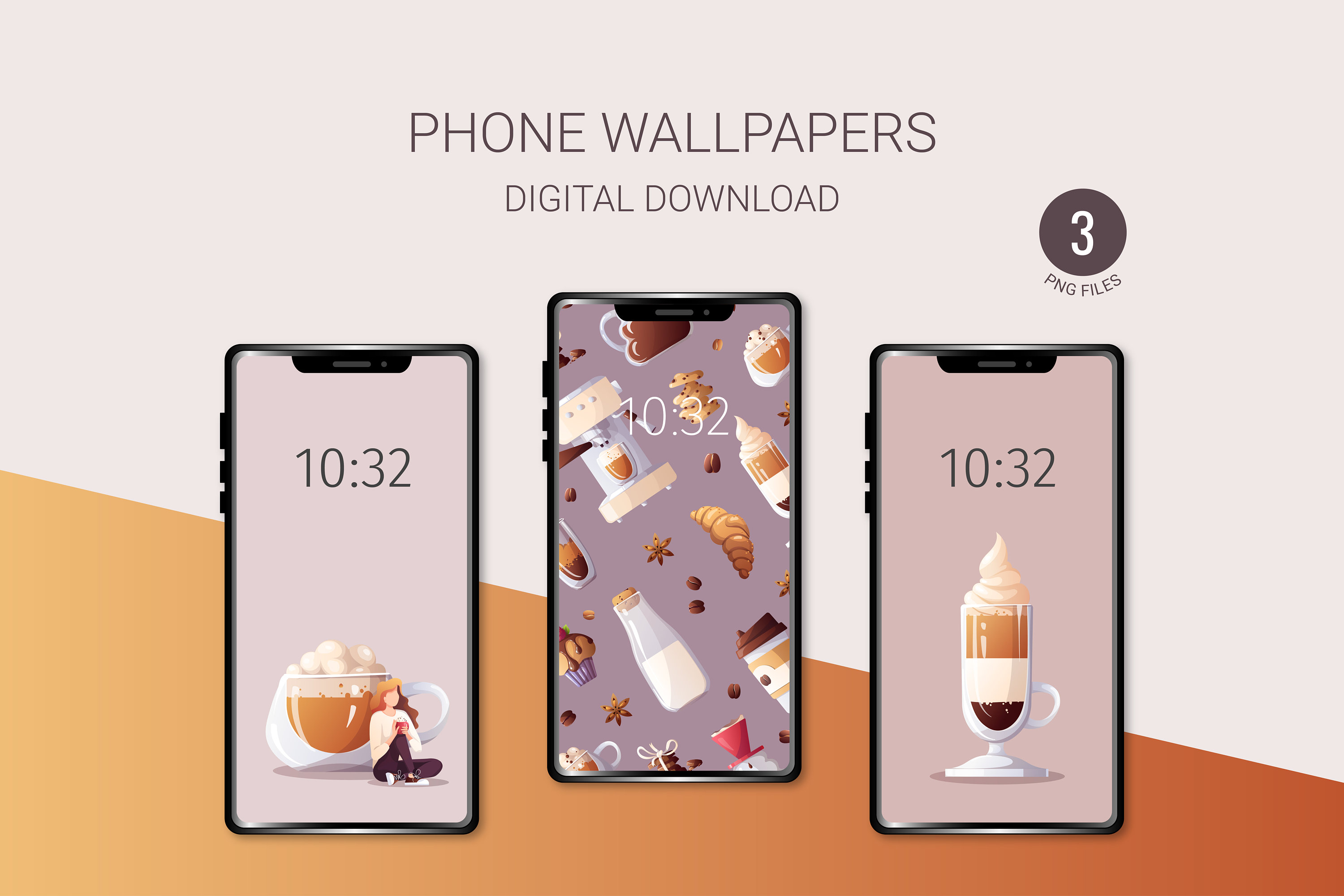 Coffee lover Phone Wallpapers | Set of 3 Phone Backgrounds | Instant Download | Digital illustrations