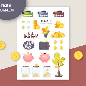 Pegatinas financieras. Pegatinas imprimibles. Dinero, Presupuesto, Pegatinas Financieras. Pegatinas digitales. Goodnotes, diario Bullet, pegatinas planificadora.