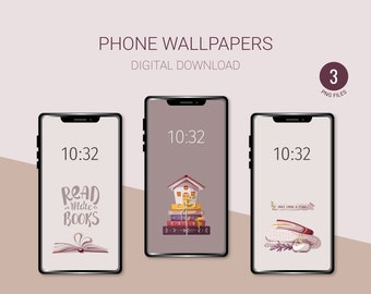 Books and reading Phone Wallpapers | Set of 3 Phone Backgrounds | Instant Download | Digital illustrations