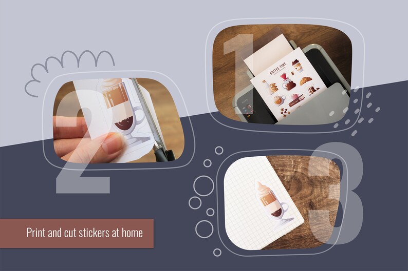 May include: A three-step guide to printing and cutting stickers at home. The first step shows a printer printing a sheet of stickers with a coffee theme. The second step shows a person cutting out a sticker with scissors. The third step shows a sticker of a coffee drink on a notebook.