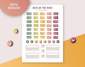 Days of the Week Planner Stickers, Bullet Journal (Digital Stickers)