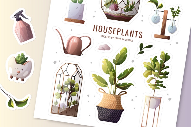 May include: A set of 10 houseplant stickers featuring various plants, pots, and gardening tools. The stickers are in a cartoon style and include a watering can, a spray bottle, a terrarium, and a variety of plants in different pots. The text "HOUSEPLANTS" and "STICKERS BY TANYA YAGUDINA" is included on the sticker sheet.