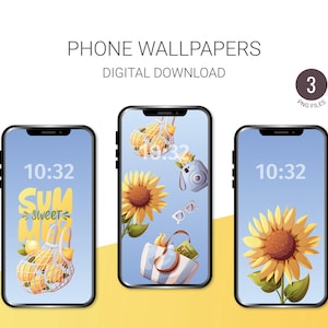 Puede incluir: Tres smartphones que muestran fondos de pantalla con temática de verano. Uno muestra una bolsa de malla con limones, otro un girasol con una cámara y gafas de sol, y el último un girasol. La hora 10:32 se muestra en cada pantalla.