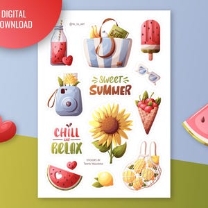 Sweet Summer Sticker Sheet for Bullet Journaling | Summertime Digital Stickers | Planner Stickers | Watermelon, lemons, sunflower