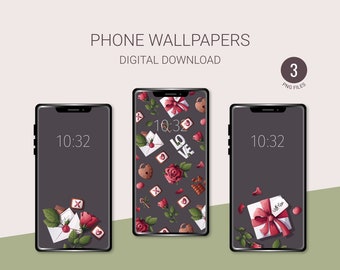 May include: Three phone wallpapers with a Valentine's Day theme. The wallpapers feature a dark grey background with illustrations of roses, envelopes, hearts, keys, and gift boxes. The text "LOVE" is featured on one of the wallpapers.