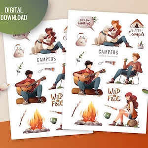 Camper printable stickers. Camping Digital Stickers. Bullet journal, planner. Goodnotes Stickers. Vacation, Summer PNG. Nature Clipart.