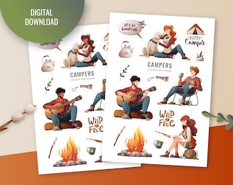 May include: A set of colorful camping themed stickers featuring illustrations of people, animals, and camping equipment. The stickers include phrases like "It's Go Camping", "Happy Camper", "Wild Free", and "Campers".