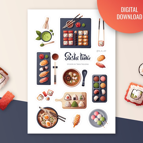 Sushi time sticker sheet | Bullet journal, digital planner. Printable Stickers. Japanese food stickers. Ramen, miso soup, matcha, onigiri.