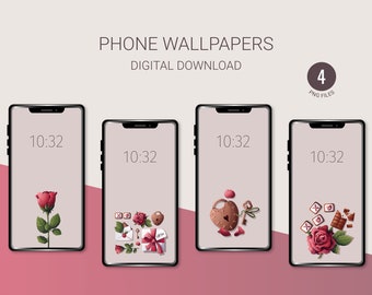 May include: Four phone wallpapers featuring a rose, a padlock with a key, a gift box, and a chocolate bar with a rose. Each wallpaper has a digital clock displaying 10:32.