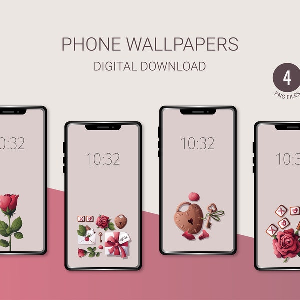 With love Phone Wallpapers | Set of 4 Phone Backgrounds | Instant Download | Digital illustrations | Valentine's Day, romance, roses
