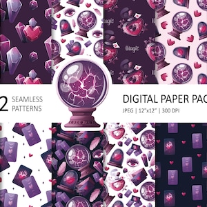 May include: Twelve seamless digital paper patterns featuring a purple and pink color scheme. The patterns include crystal balls, hearts, feathers, and tarot cards. The text "Magic" is included in one of the patterns.
