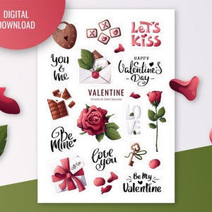 Valentine's Day sticker sheet | Bullet journal, digital planner stickers. Cute Love stickers for scrapbooking and journaling.