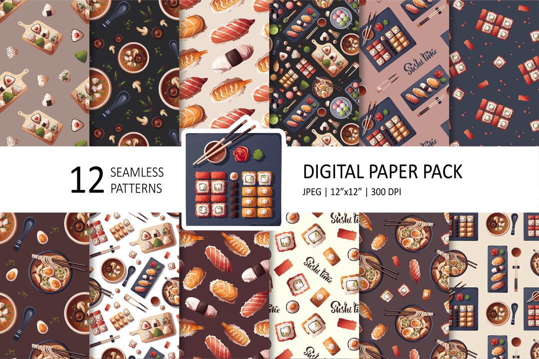 Sushi Box Pattern Sushi Time Digital Paper Pack: Japanese Food Patterns (12