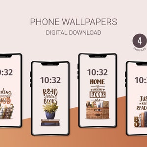 Bookshelf Phone Wallpapers | Set of 4 Phone Backgrounds | Instant Download | Digital illustrations | Books, reading, booklover