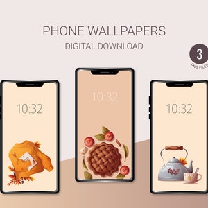 Könnte beinhalten: Drei Handy-Hintergründe mit Herbst-Thema. Der erste Hintergrund zeigt einen braunen Pullover mit Herbstblättern, der zweite Hintergrund zeigt einen Apfelkuchen mit Herbstblättern und der dritte Hintergrund zeigt eine Teekanne und eine Tasse mit Herbstblättern.