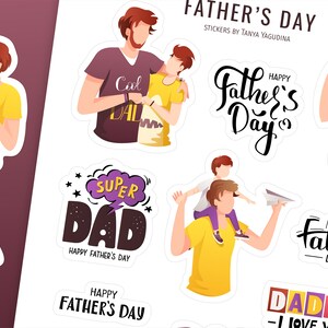 Op de afbeelding: Een set stickers voor Vaderdag met illustraties van vaders en kinderen, met tekst die zegt "Happy Father's Day", "Super Dad", "Best Dad Ever", "Cool Dad", "Daddy Love You" en "Father's Day".