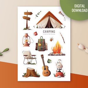 Stickers camping imprimables, stickers sur le thème de la nature pour agendas, journaux et scrapbooking