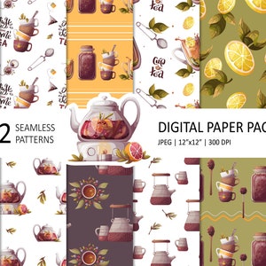 May include: Twelve digital paper patterns featuring tea-themed illustrations. The patterns include teapots, teacups, tea leaves, lemons, and jars of tea. The patterns are in a variety of colors, including green, brown, yellow, and white.