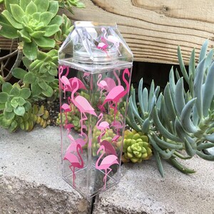 Garrafa de água transparente em caixa de leite com flamingos rosa