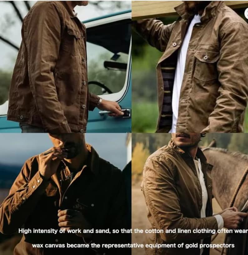 May include: Four images display a brown wax canvas jacket. The jacket has a button-up design, several pockets, and a weathered look. The image text states: "High intensity of work and sand, so that the cotton and linen clothing often wear wax canvas became the representative equipment of gold prospectors."
