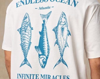 HIMLAND Men's Casual Fish Graphic Print Loose Drop Shoulder Crew Neck Short Sleeve T-Shirt,